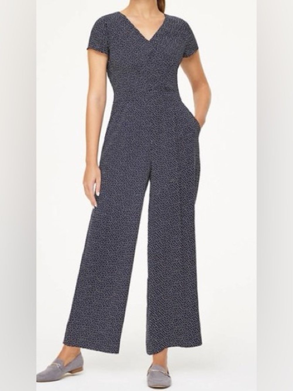 LOFT Polka Dot Wrap Front Wide Leg Cap Sleeve Jumpsuit Romper Navy White Size 10
